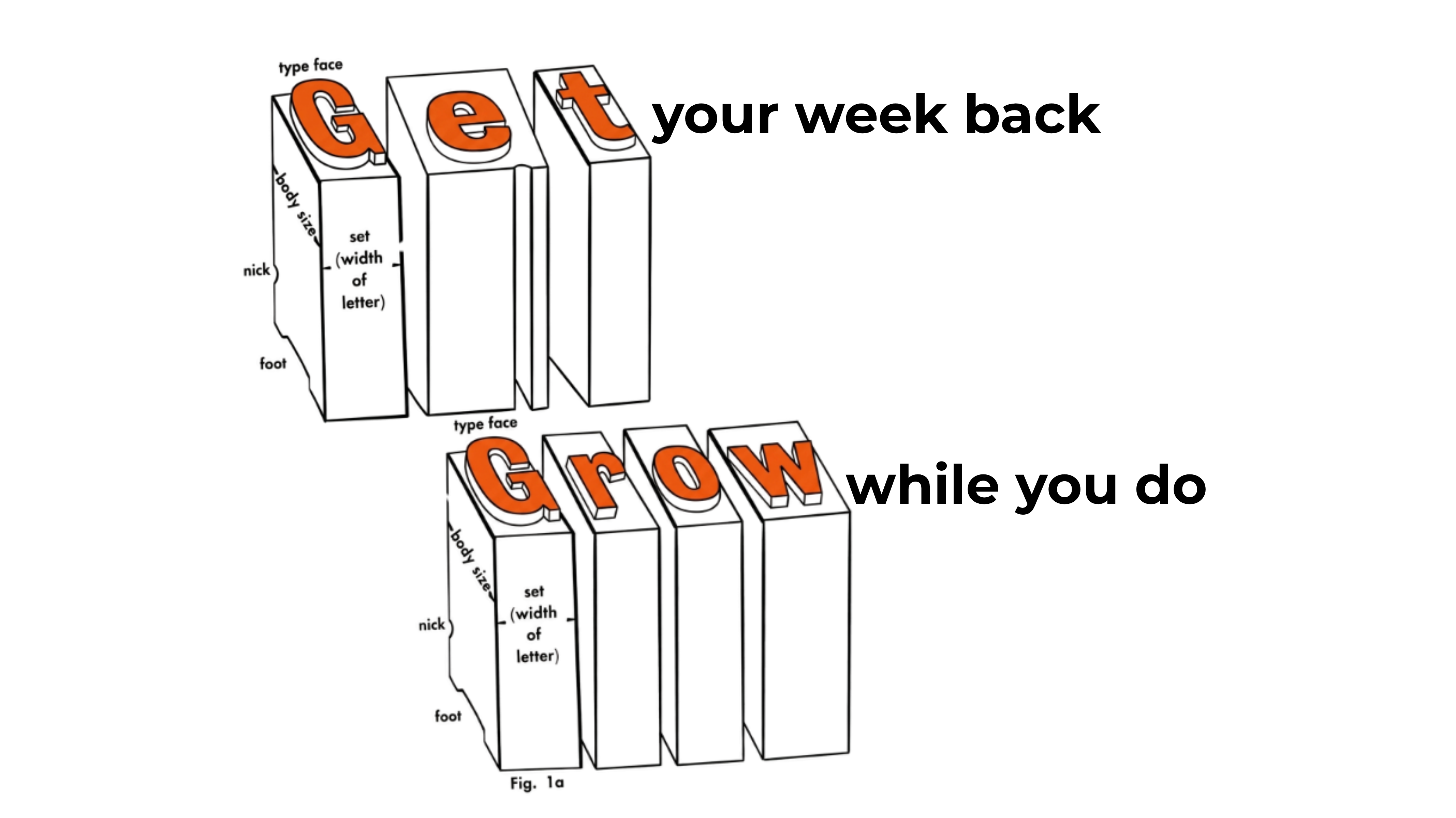 Get your week back, grow while you do — spelled in letterpress wood-type printing blocks